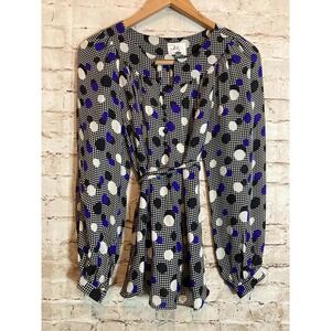 Vintage Milly of NY Silk Top Womens4 Cobalt Retro Polka Dots Puff Sleeve Belted
